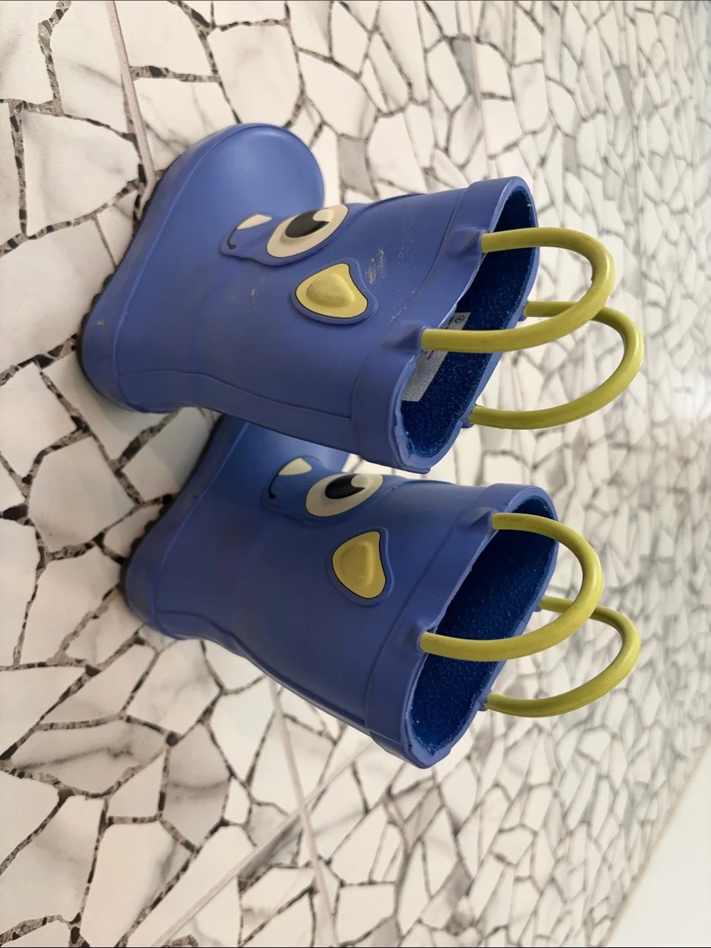 Cat & Jack Blue Kids Rain Boots with Lime Pull Loops and Character Face